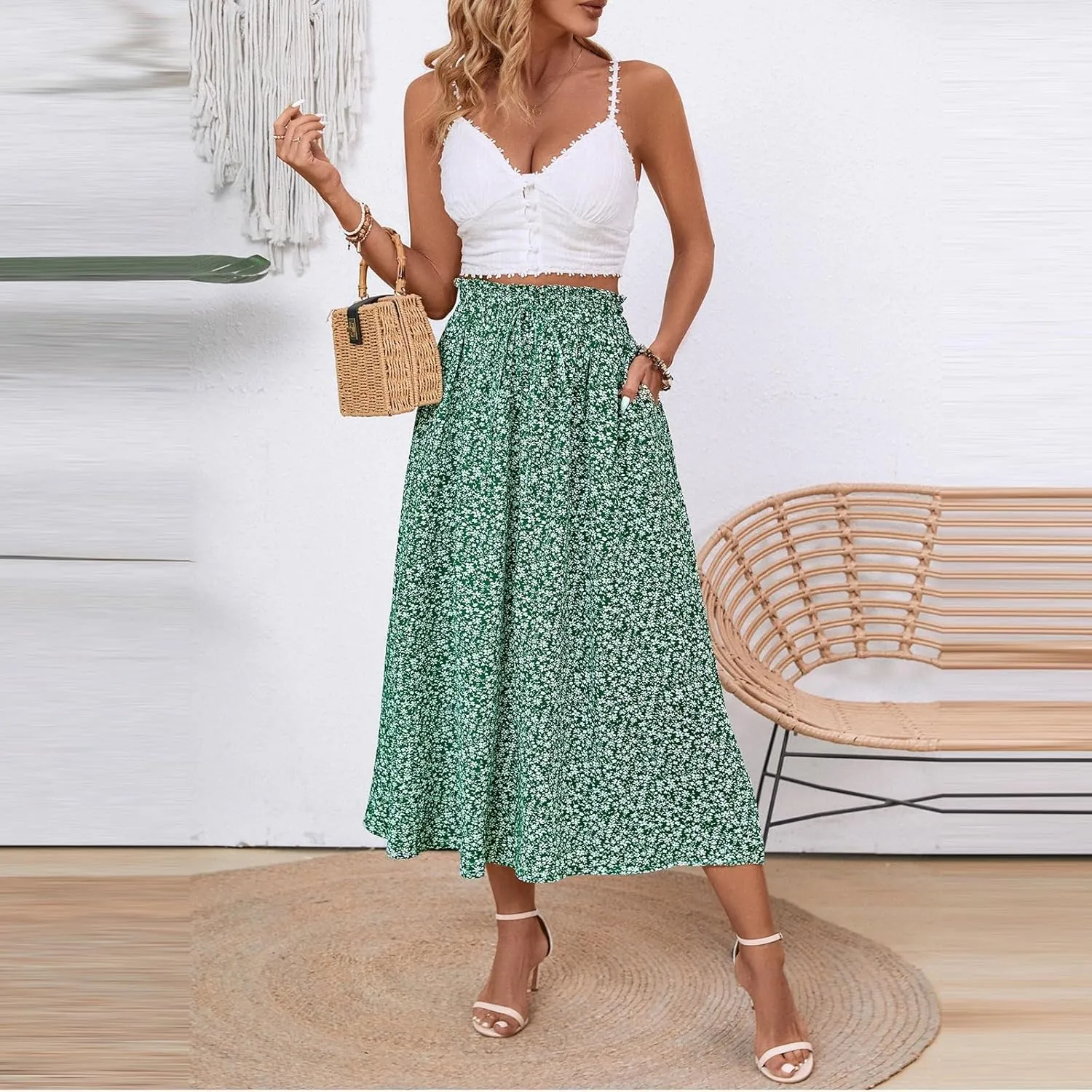 Cotton Linen Skirts for Women Midi Length Summer Drawstring Elastic Waist Smocked A-Line Skirt Knee Length with Pocket
