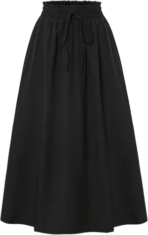 Cotton Linen Skirts for Women Midi Length Summer Drawstring Elastic Waist Smocked A-Line Skirt Knee Length with Pocket