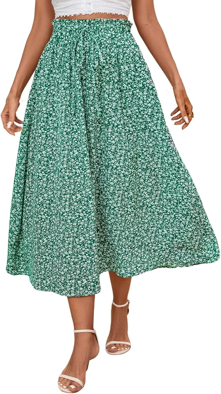 Cotton Linen Skirts for Women Midi Length Summer Drawstring Elastic Waist Smocked A-Line Skirt Knee Length with Pocket