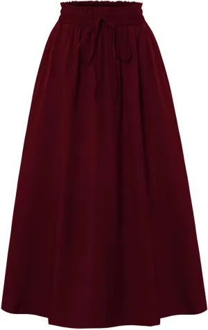 Cotton Linen Skirts for Women Midi Length Summer Drawstring Elastic Waist Smocked A-Line Skirt Knee Length with Pocket