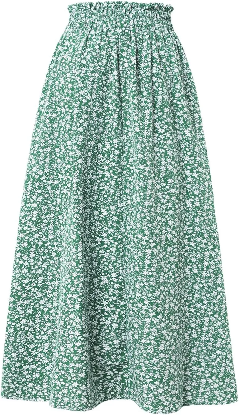 Cotton Linen Skirts for Women Midi Length Summer Drawstring Elastic Waist Smocked A-Line Skirt Knee Length with Pocket