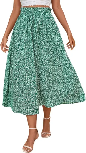 Cotton Linen Skirts for Women Midi Length Summer Drawstring Elastic Waist Smocked A-Line Skirt Knee Length with Pocket