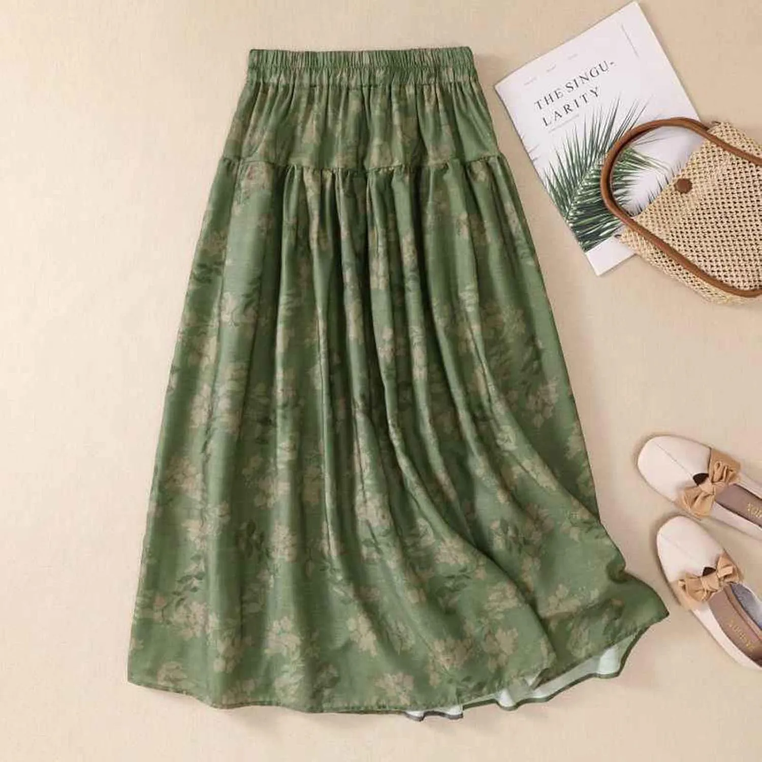 Cotton Linen Skirts for Women Summer Elastic High Waisted Ruffled Flowy Midi Skirt Casual Summer Ruched Loose Skorts