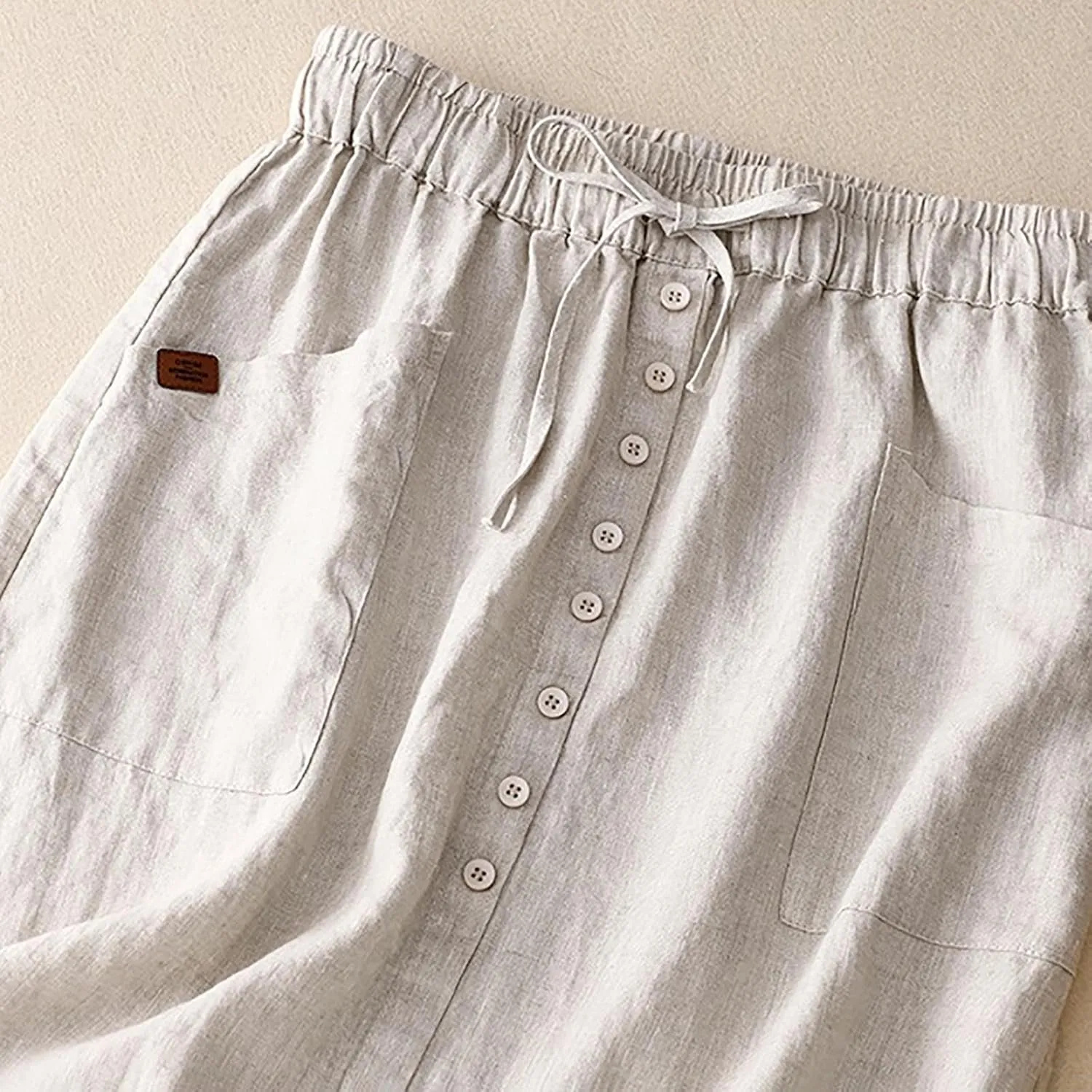 Cotton Linen Skirts for Women Summer Flowy Beach Skirt Casual Drawstring High Waist Button Slit A Line Midi Skirts