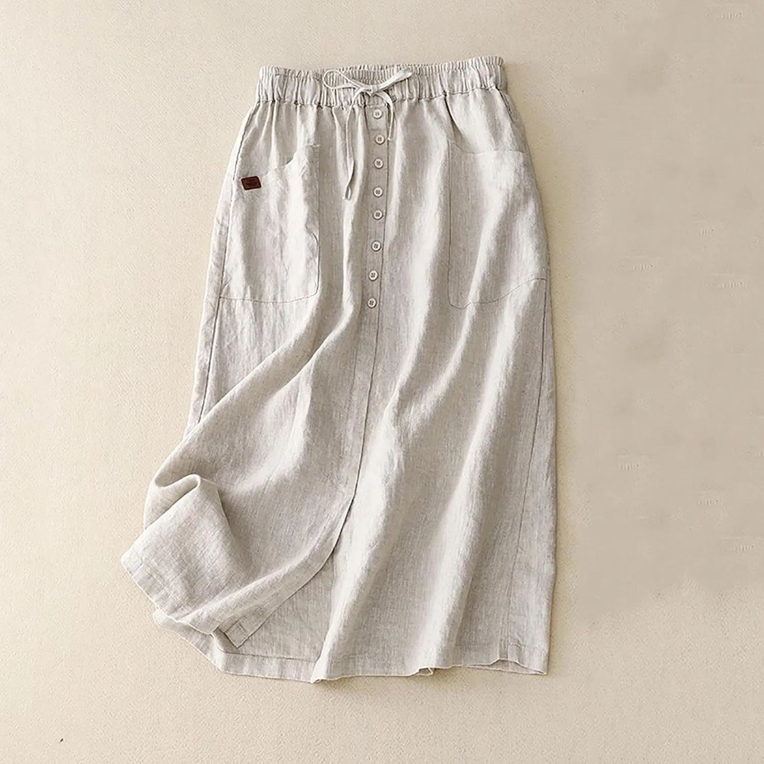 Cotton Linen Skirts for Women Summer Flowy Beach Skirt Casual Drawstring High Waist Button Slit A Line Midi Skirts
