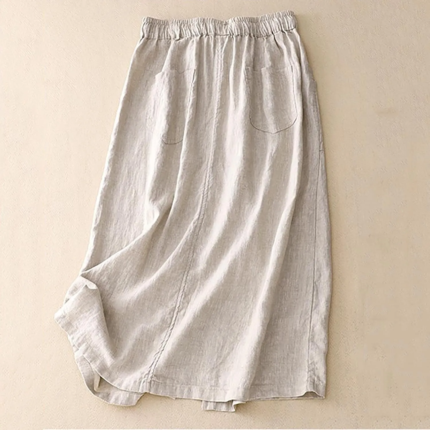 Cotton Linen Skirts for Women Summer Flowy Beach Skirt Casual Drawstring High Waist Button Slit A Line Midi Skirts
