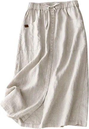 Cotton Linen Skirts for Women Summer Flowy Beach Skirt Casual Drawstring High Waist Button Slit A Line Midi Skirts