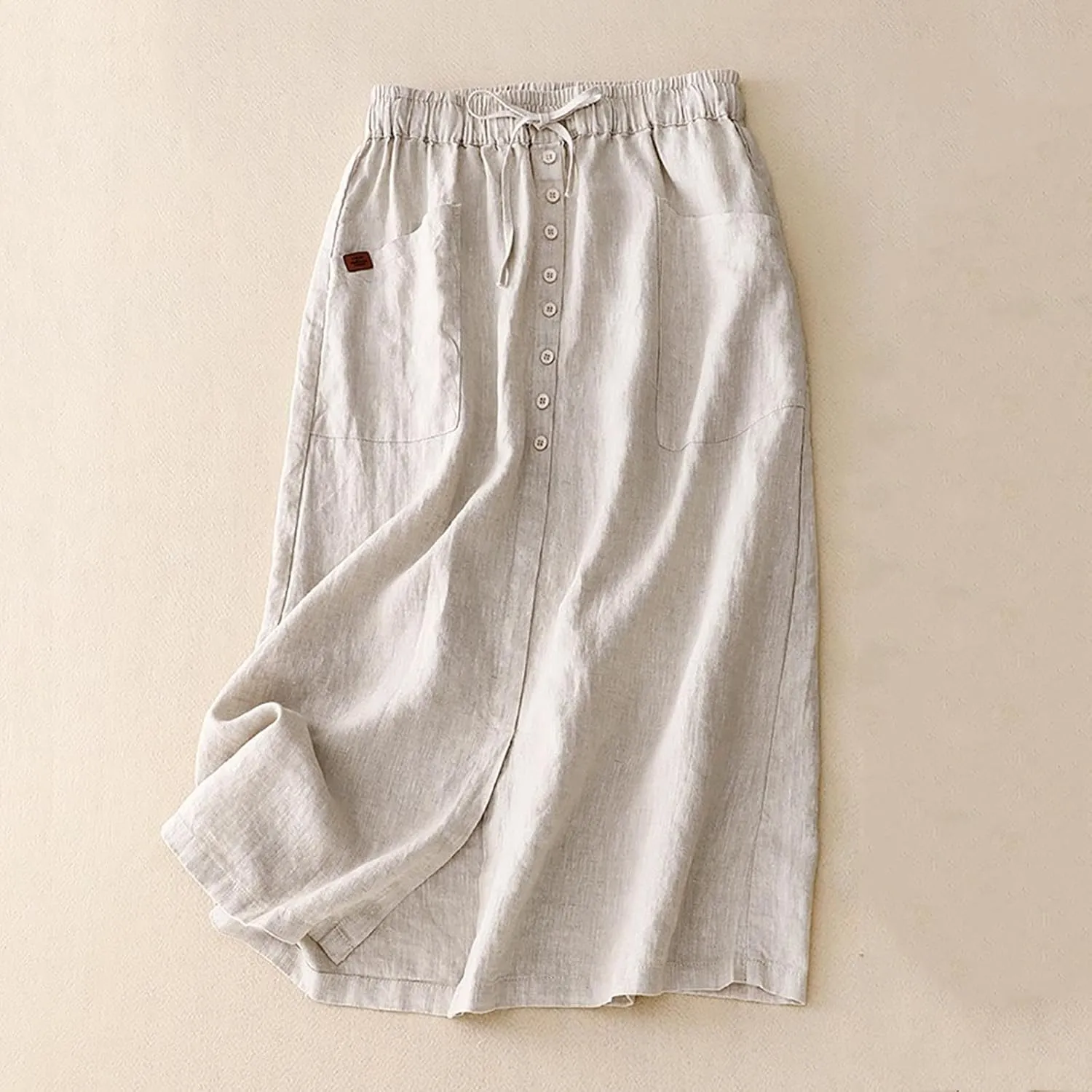 Cotton Linen Skirts for Women Summer Flowy Beach Skirt Casual Drawstring High Waist Button Slit A Line Midi Skirts