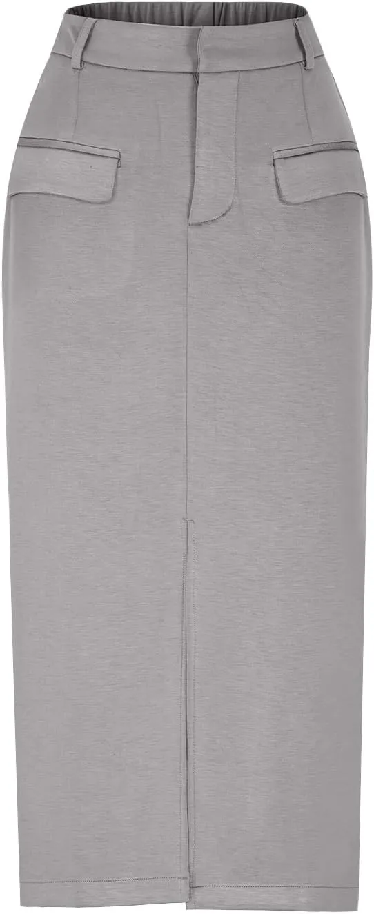 Cotton Skirt for Women 2025 Trendy High Waisted Business Work Pencil Slit Skirts Casual Dressy Skirt with Pockets