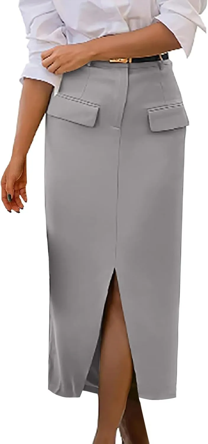 Cotton Skirt for Women 2025 Trendy High Waisted Business Work Pencil Slit Skirts Casual Dressy Skirt with Pockets