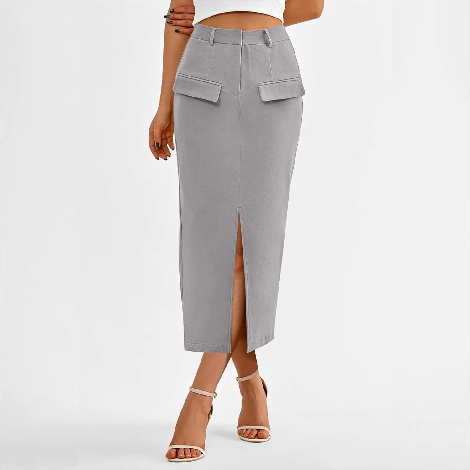 Cotton Skirt for Women 2025 Trendy High Waisted Business Work Pencil Slit Skirts Casual Dressy Skirt with Pockets