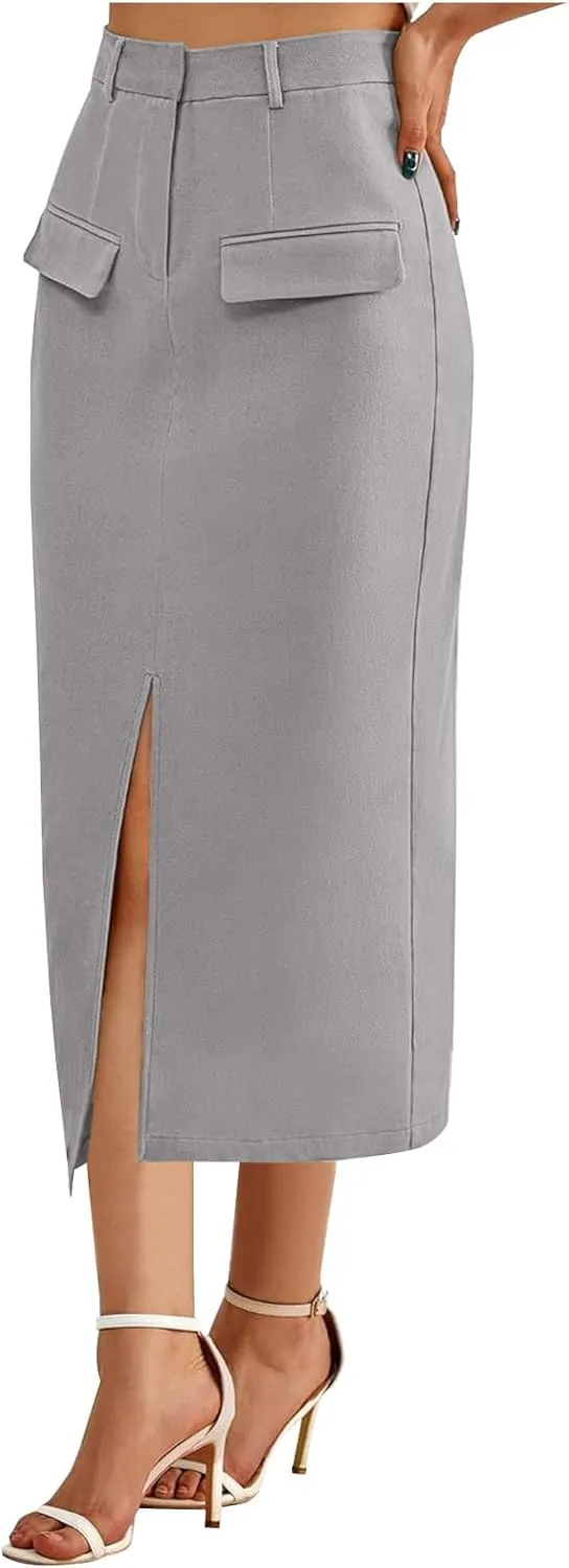 Cotton Skirt for Women 2025 Trendy High Waisted Business Work Pencil Slit Skirts Casual Dressy Skirt with Pockets