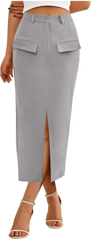 Cotton Skirt for Women 2025 Trendy High Waisted Business Work Pencil Slit Skirts Casual Dressy Skirt with Pockets