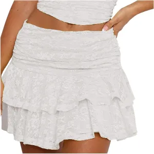 Cute Lace Skirts for Women Low Waist Layered Pleated Flowy Short Skirt Ruffle Trim Tiered Skirts Beach Outfits