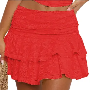 Cute Lace Skirts for Women Low Waist Layered Pleated Flowy Short Skirt Ruffle Trim Tiered Skirts Beach Outfits