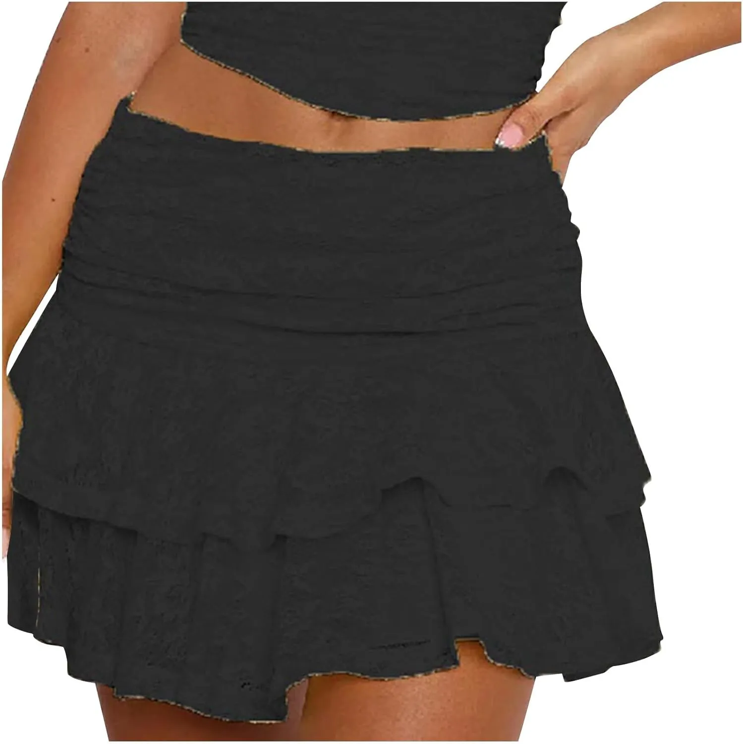 Cute Lace Skirts for Women Low Waist Layered Pleated Flowy Short Skirt Ruffle Trim Tiered Skirts Beach Outfits
