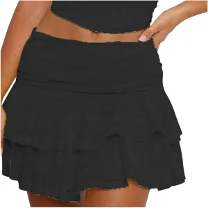 Cute Lace Skirts for Women Low Waist Layered Pleated Flowy Short Skirt Ruffle Trim Tiered Skirts Beach Outfits