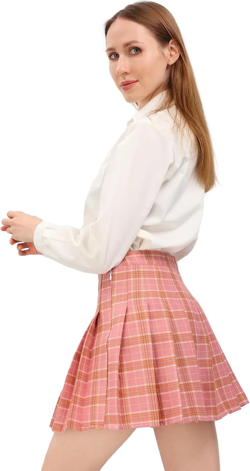 DAZCOS US Size Plaid Skirt for Women with Shorts High Waist Pleated Skater Skirts for Schoolgirl