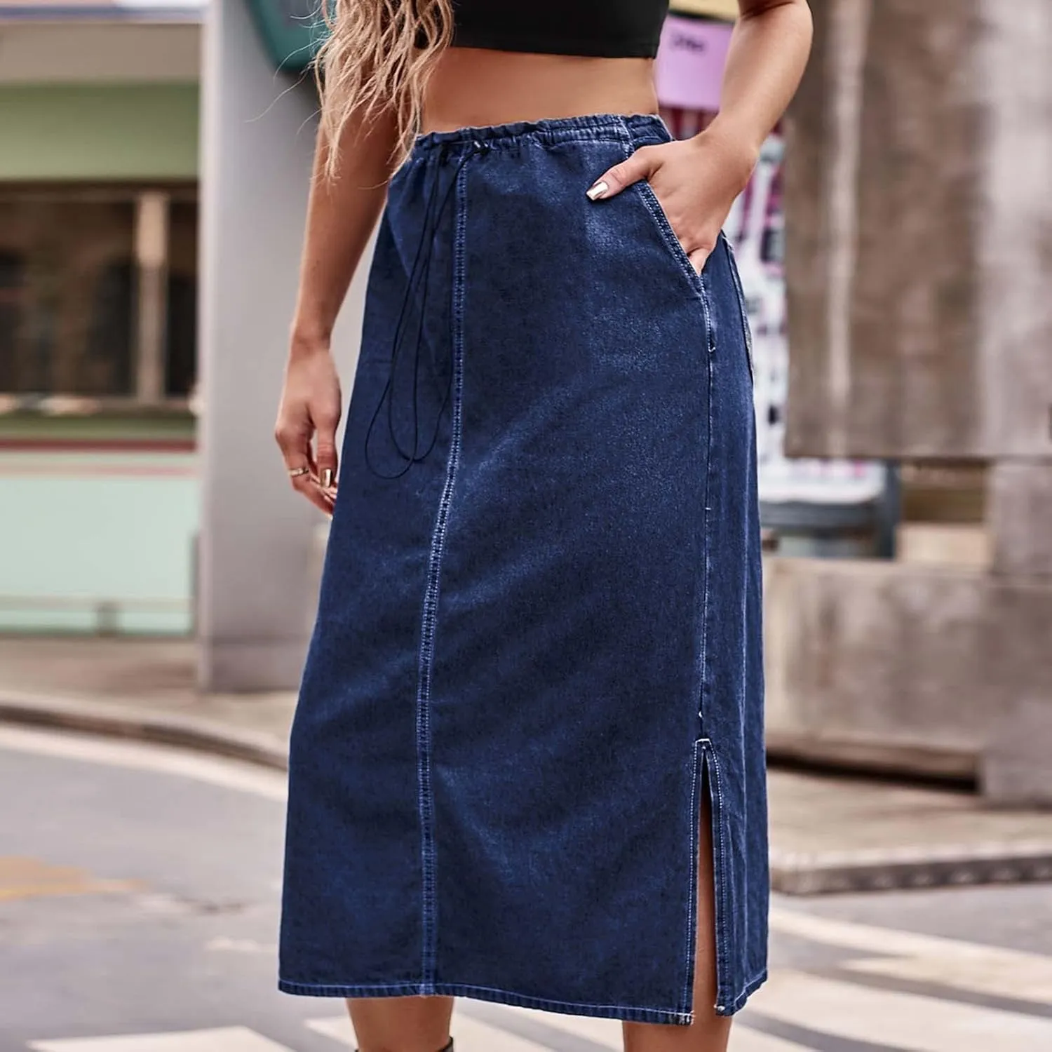Denim Skirt for Women Flap Pockets A-Line Jean Skirts Front Slit Slim Pencil Denim Skirts Casual Bodycon Skirt Y2k