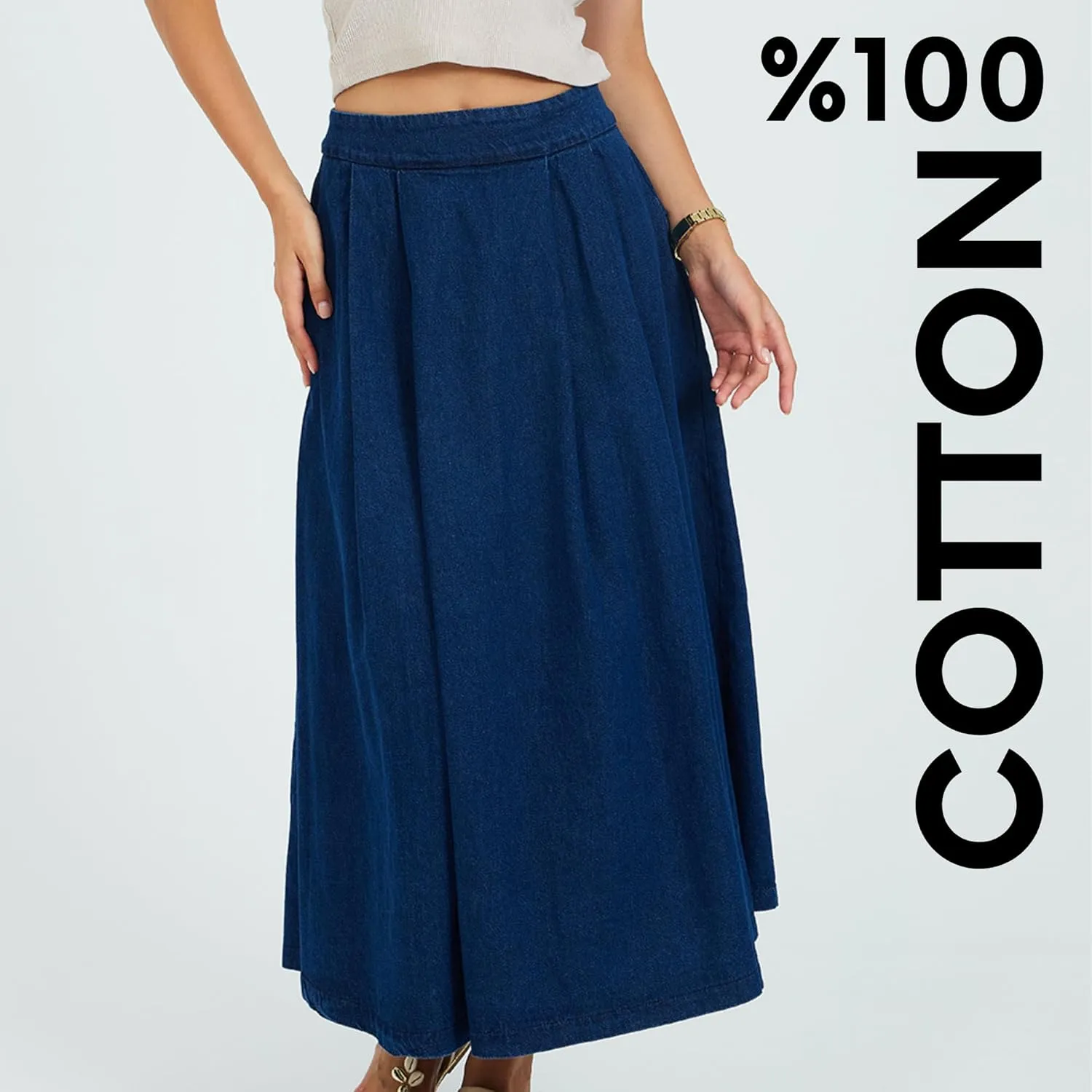 Denim Skirt for Women | Pleated Long High-Waisted Denim Skirts | Modest Women's Clothing
