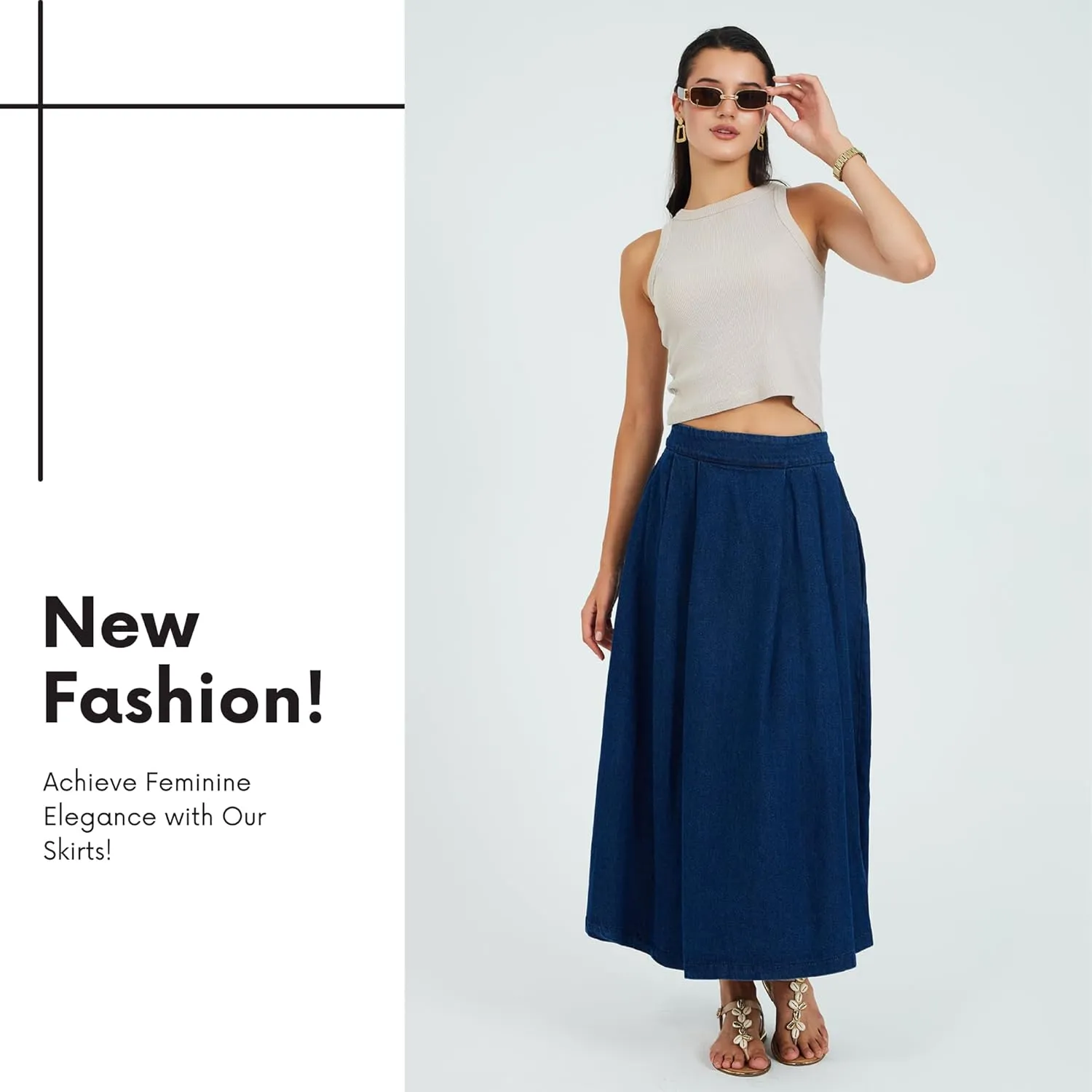 Denim Skirt for Women | Pleated Long High-Waisted Denim Skirts | Modest Women's Clothing