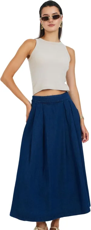 Denim Skirt for Women | Pleated Long High-Waisted Denim Skirts | Modest Women's Clothing