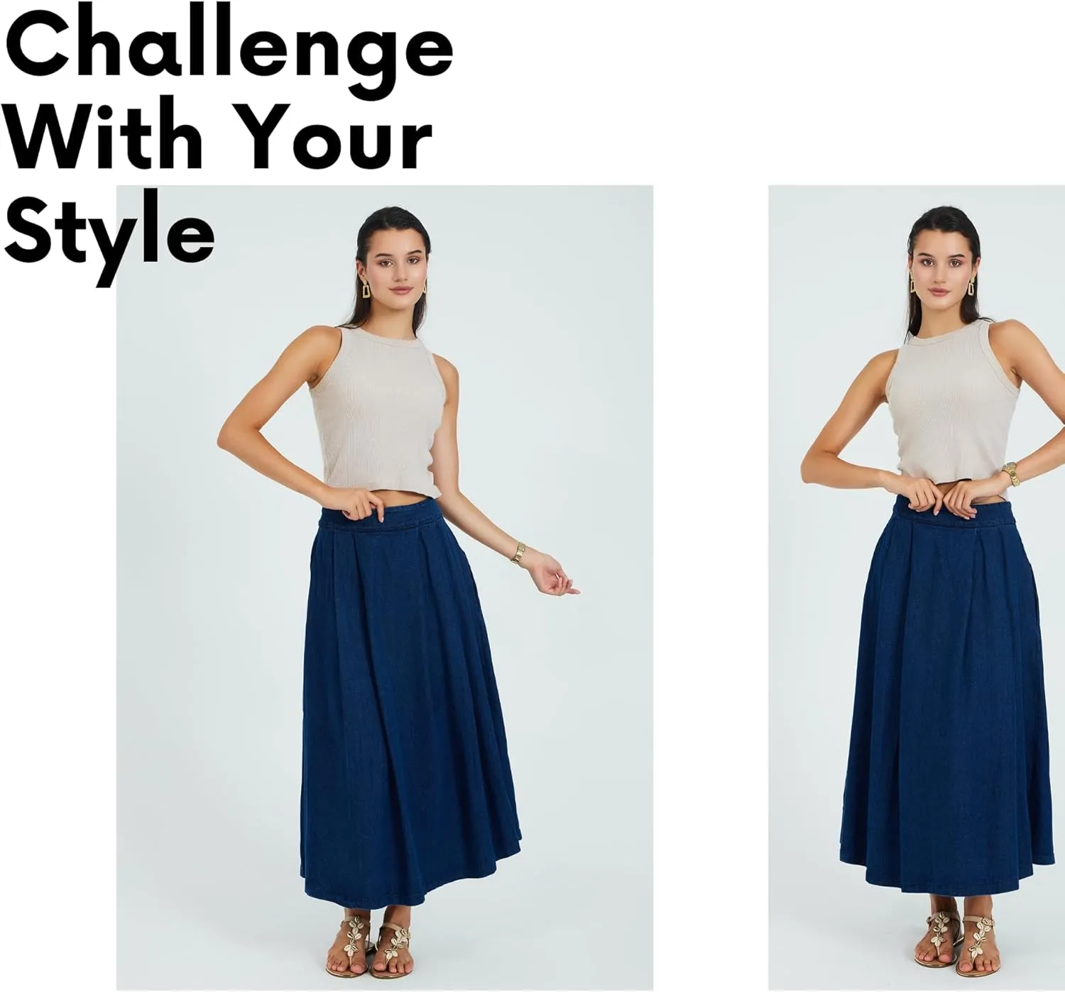 Denim Skirt for Women | Pleated Long High-Waisted Denim Skirts | Modest Women's Clothing