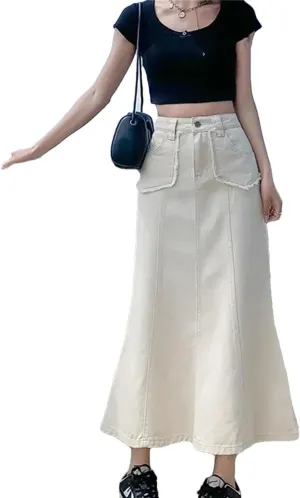 Denim Skirts Womens Summer Casual High Waisted Pocket Midi Skirt Ladies Skirt