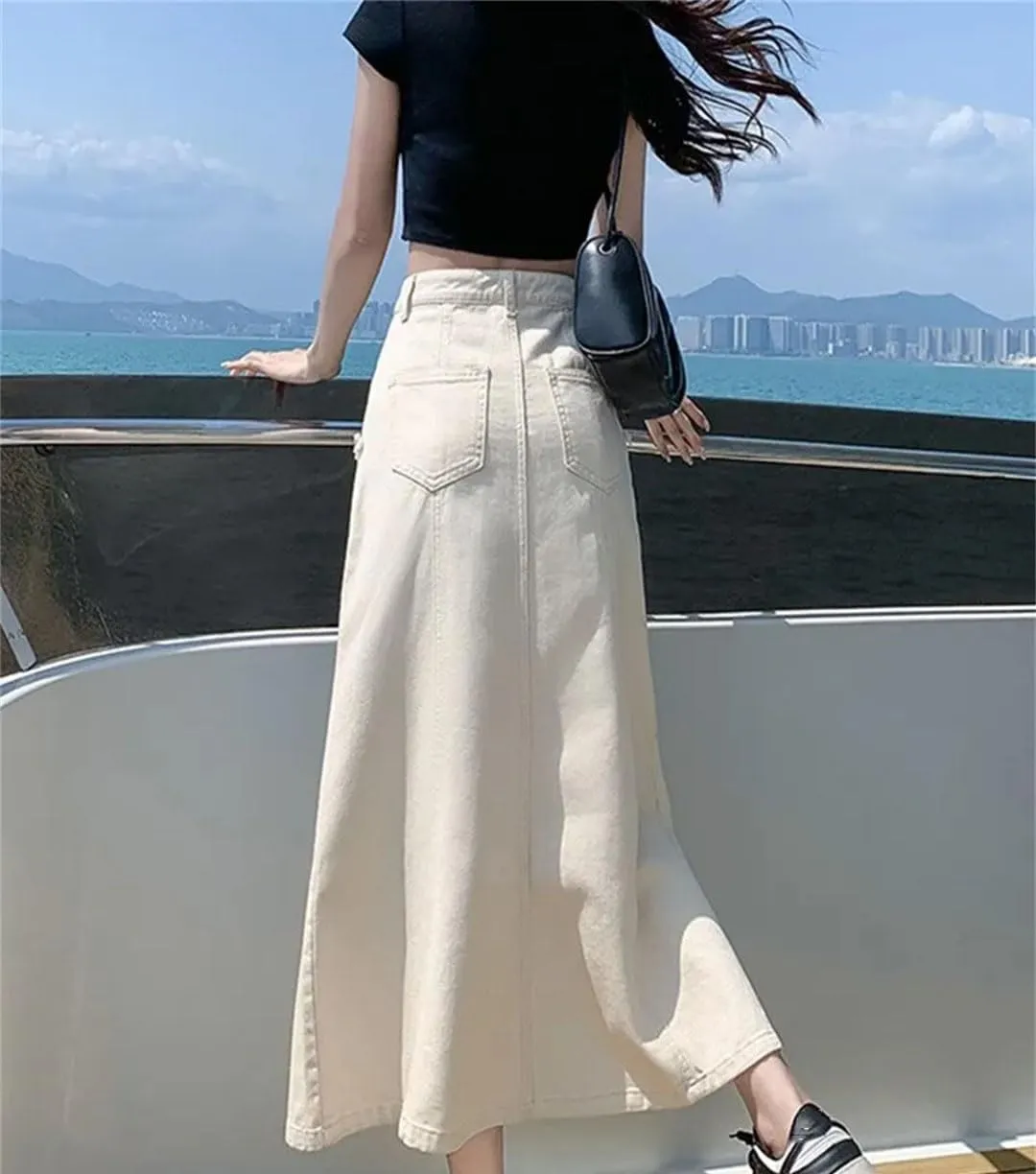 Denim Skirts Womens Summer Casual High Waisted Pocket Midi Skirt Ladies Skirt