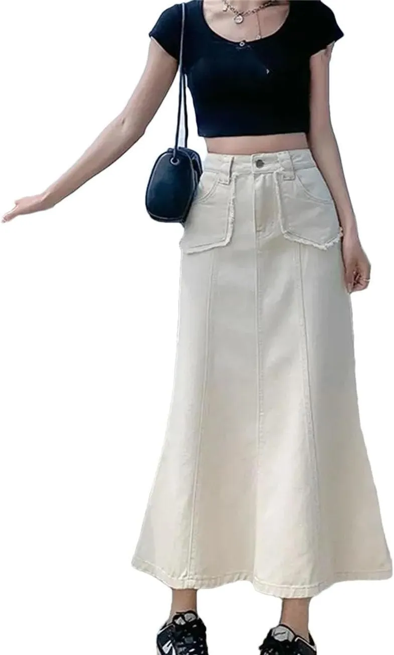 Denim Skirts Womens Summer Casual High Waisted Pocket Midi Skirt Ladies Skirt