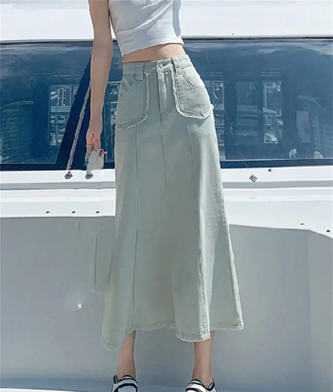 Denim Skirts Womens Summer Casual High Waisted Pocket Midi Skirt Ladies Skirt