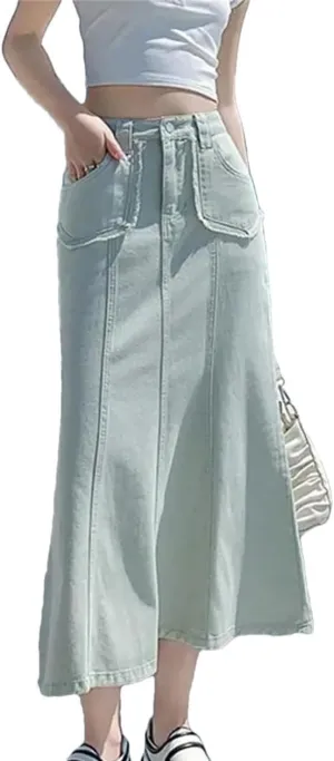 Denim Skirts Womens Summer Casual High Waisted Pocket Midi Skirt Ladies Skirt