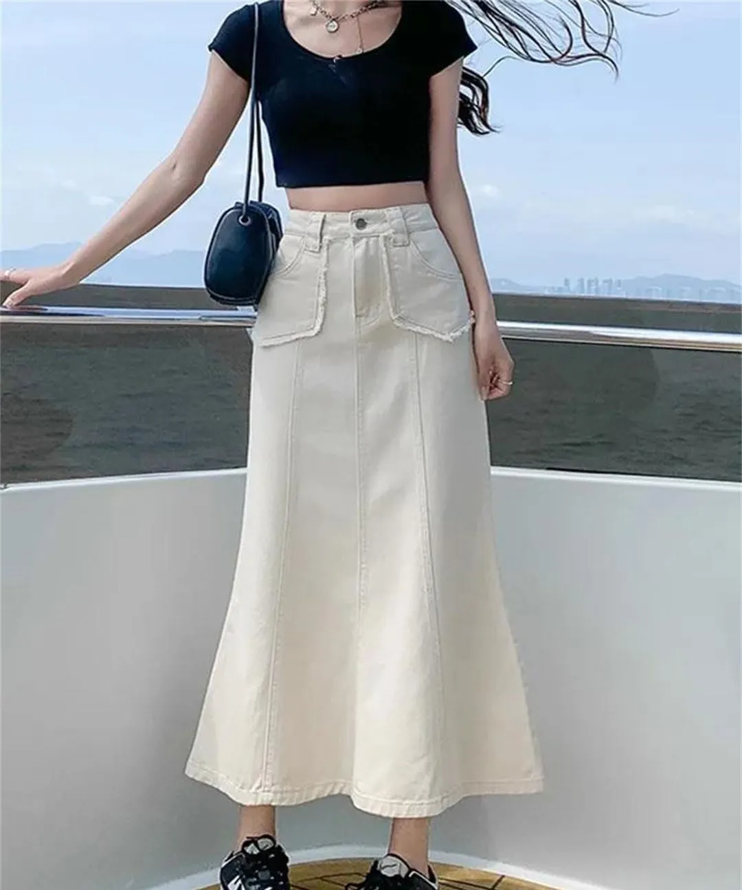 Denim Skirts Womens Summer Casual High Waisted Pocket Midi Skirt Ladies Skirt