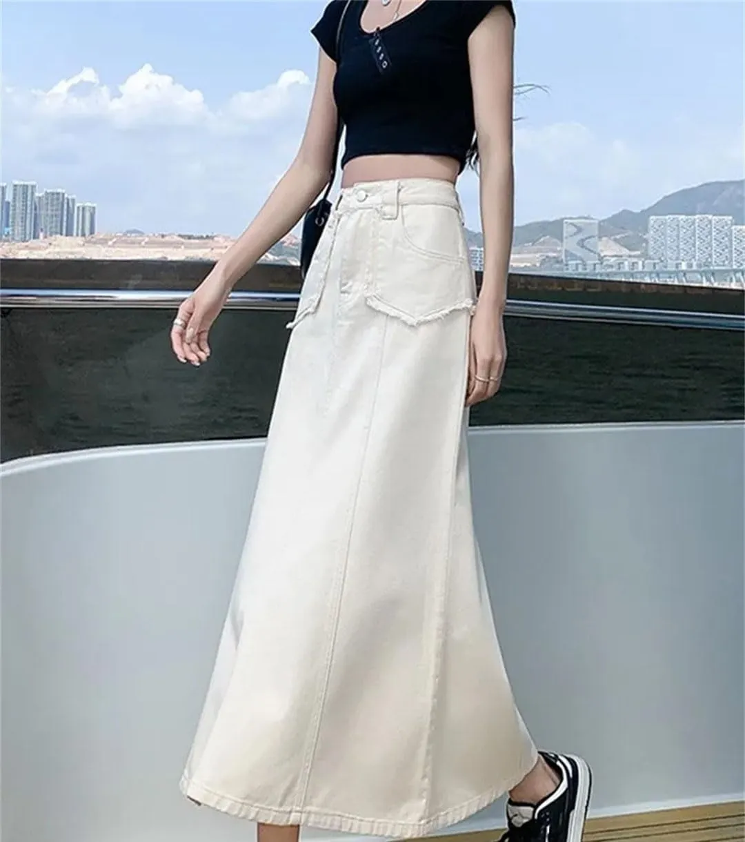Denim Skirts Womens Summer Casual High Waisted Pocket Midi Skirt Ladies Skirt