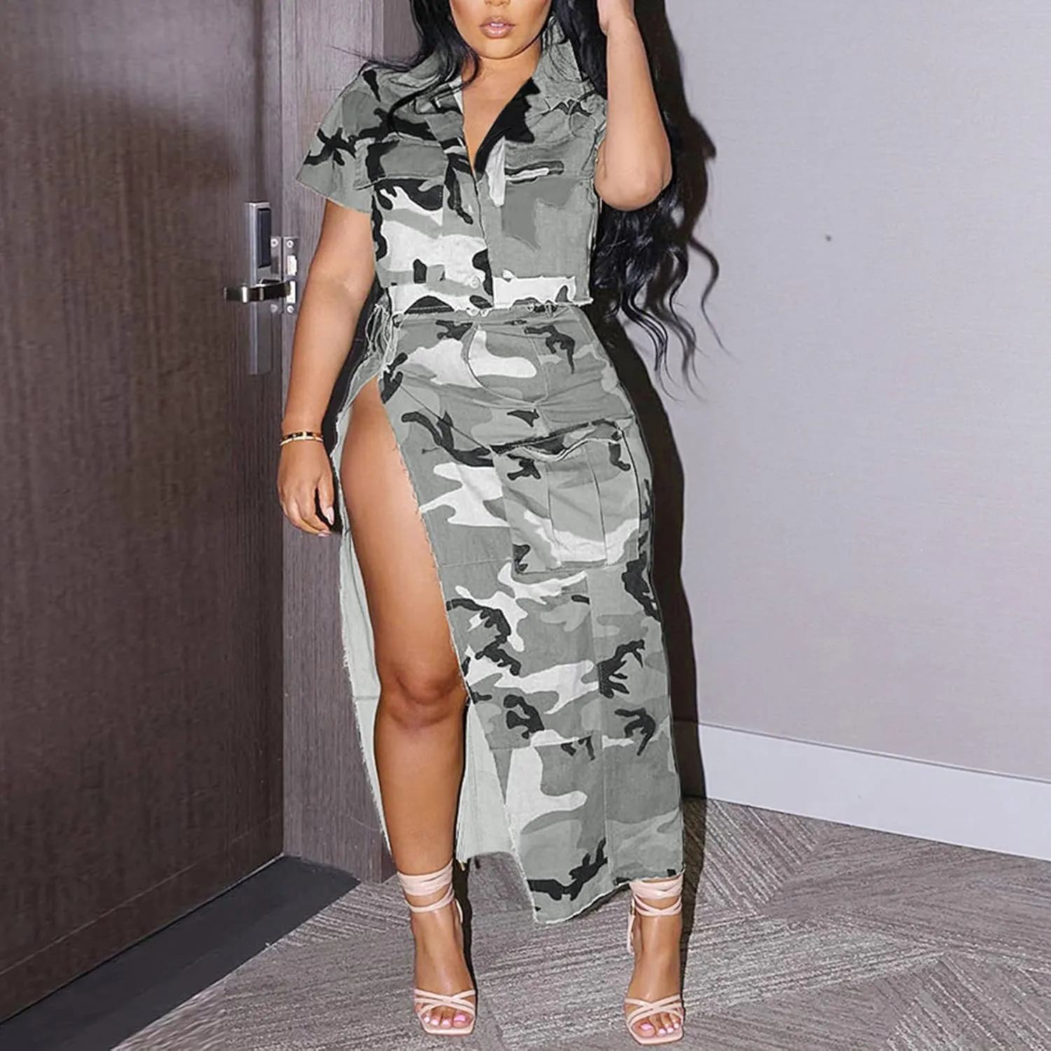 DINGANG Women's 2024 Summer Two Piece Dresses Camouflage Short Sleeve Top   High Waist Split Skirts Sets Trendy