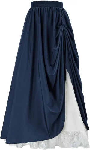 Double Layered Skirts for Women Vintage Elastic High Waist Maxi Skirt Fashion Victorian Renaissance Long Skirt