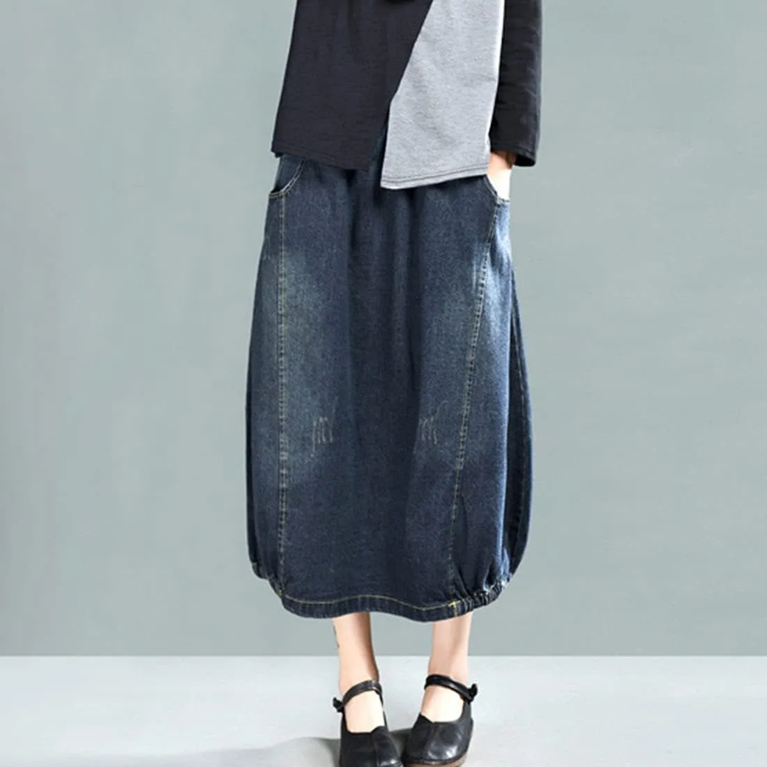 ebossy Women's High Waisted Distressed Ripped Embroidered Pattern Long Denim Maxi Skirt with Pockets