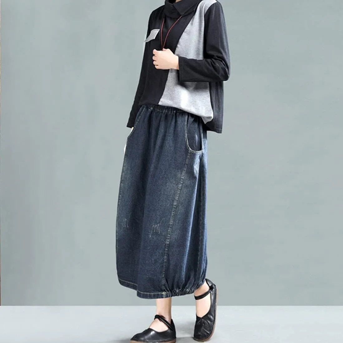 ebossy Women's High Waisted Distressed Ripped Embroidered Pattern Long Denim Maxi Skirt with Pockets
