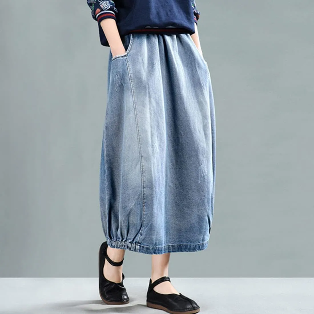 ebossy Women's High Waisted Distressed Ripped Embroidered Pattern Long Denim Maxi Skirt with Pockets