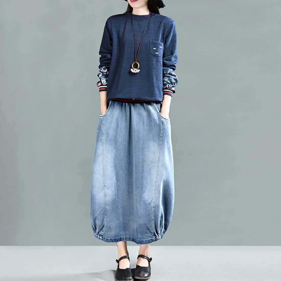 ebossy Women's High Waisted Distressed Ripped Embroidered Pattern Long Denim Maxi Skirt with Pockets