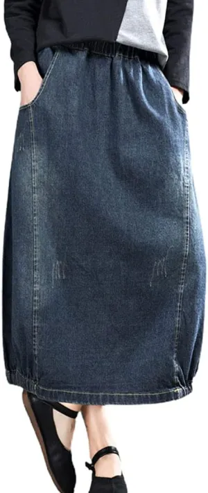 ebossy Women's High Waisted Distressed Ripped Embroidered Pattern Long Denim Maxi Skirt with Pockets