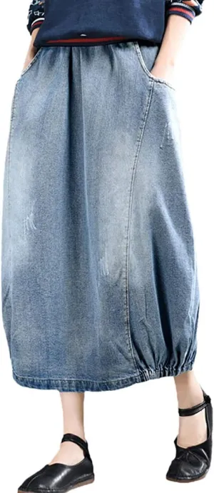 ebossy Women's High Waisted Distressed Ripped Embroidered Pattern Long Denim Maxi Skirt with Pockets