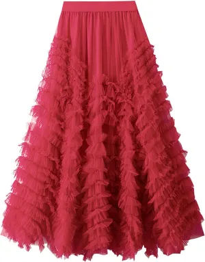 ebossy Women's Tiered Ruffles Tutu Tulle Puffy Skirt Elastic High Waist A-line Flowy Mid Long Skirt