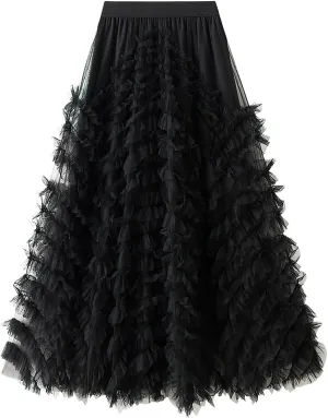 ebossy Women's Tiered Ruffles Tutu Tulle Puffy Skirt Elastic High Waist A-line Flowy Mid Long Skirt