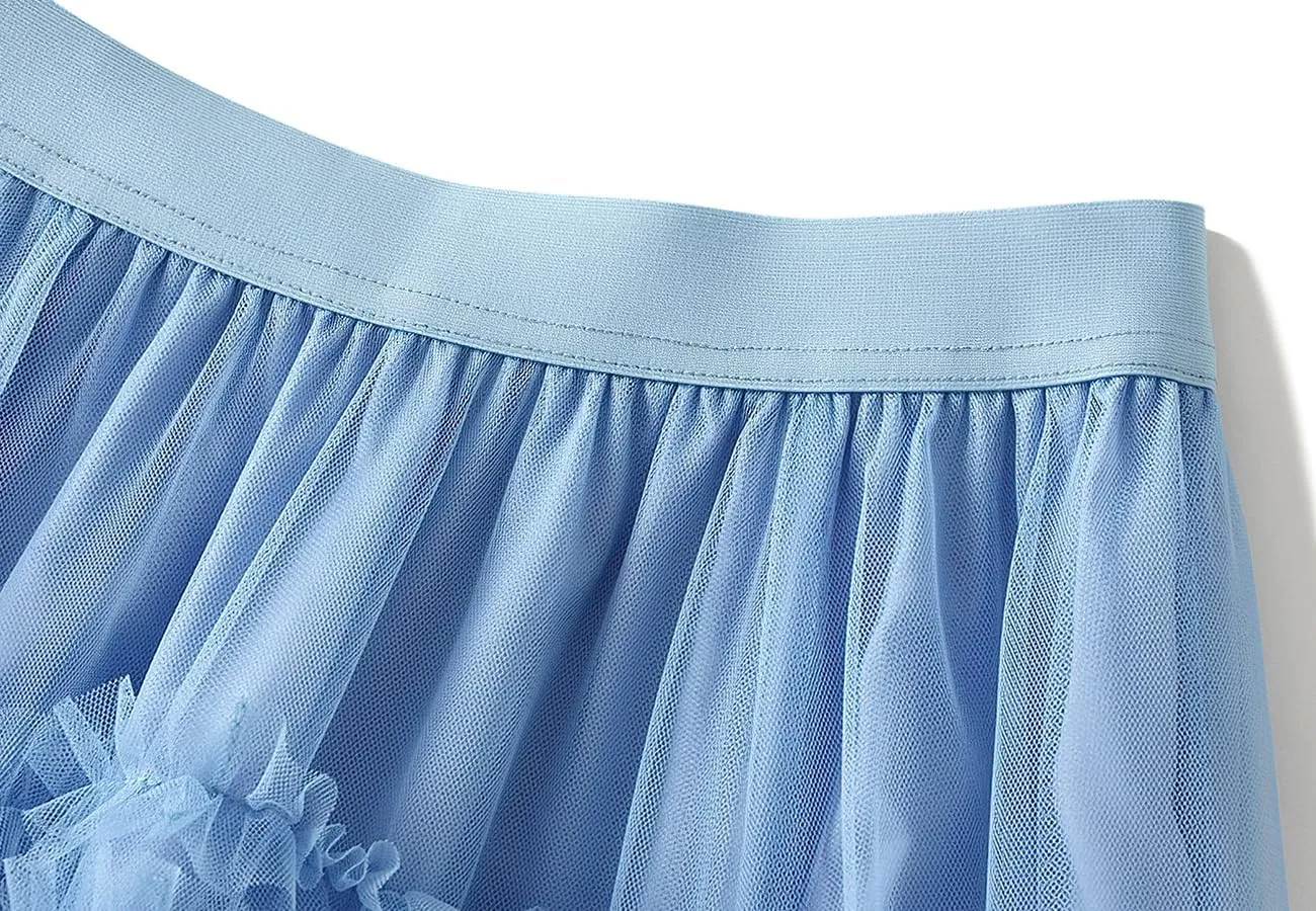 ebossy Women's Tiered Ruffles Tutu Tulle Puffy Skirt Elastic High Waist A-line Flowy Mid Long Skirt