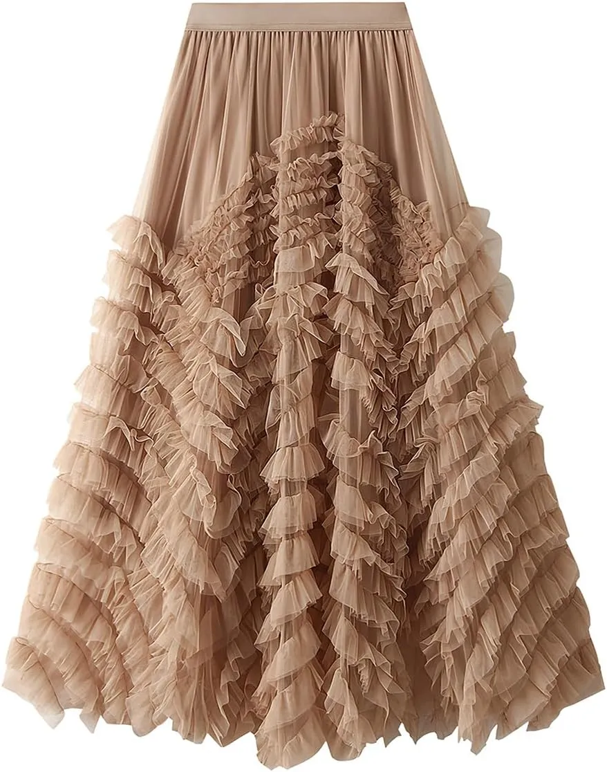 ebossy Women's Tiered Ruffles Tutu Tulle Puffy Skirt Elastic High Waist A-line Flowy Mid Long Skirt