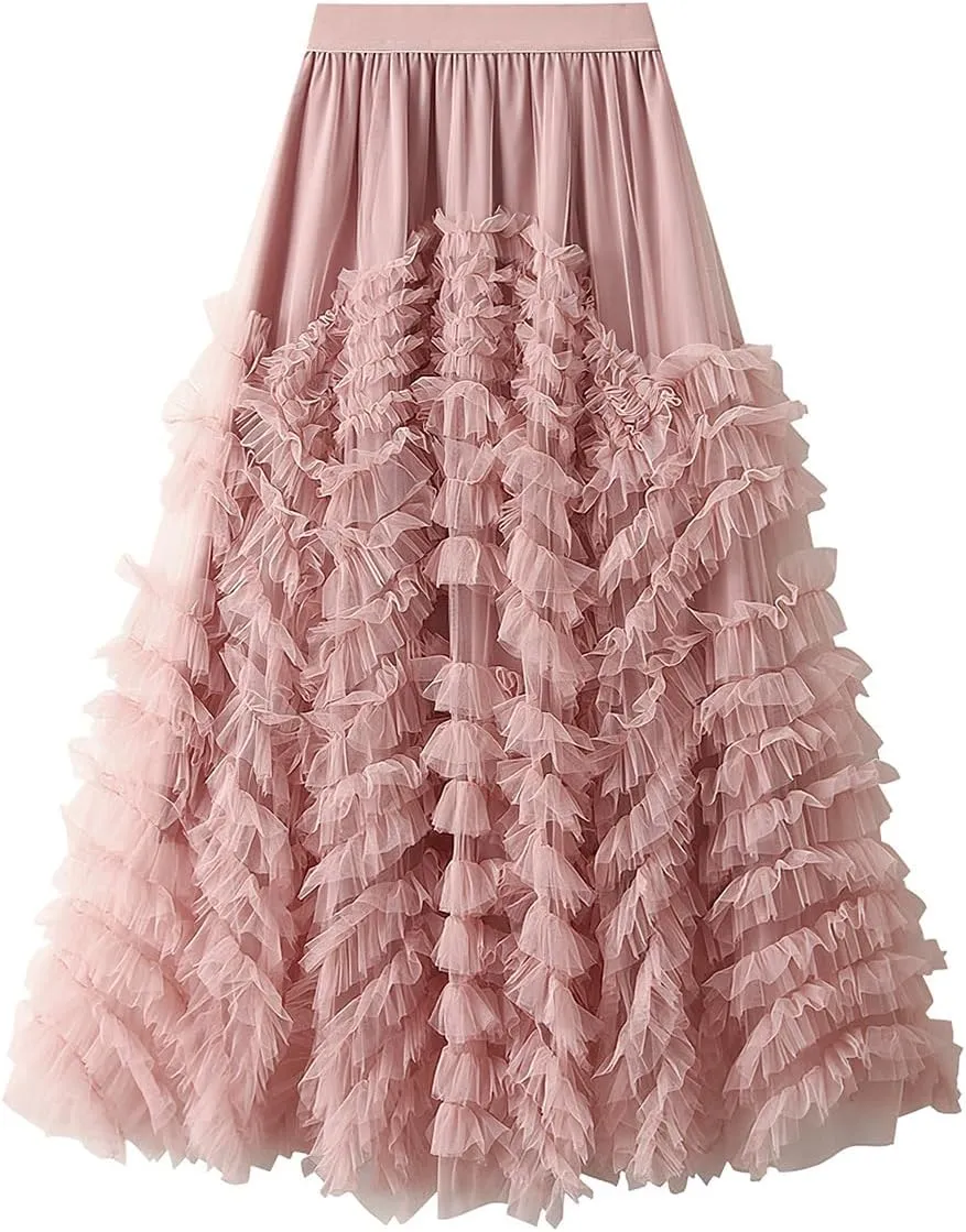 ebossy Women's Tiered Ruffles Tutu Tulle Puffy Skirt Elastic High Waist A-line Flowy Mid Long Skirt