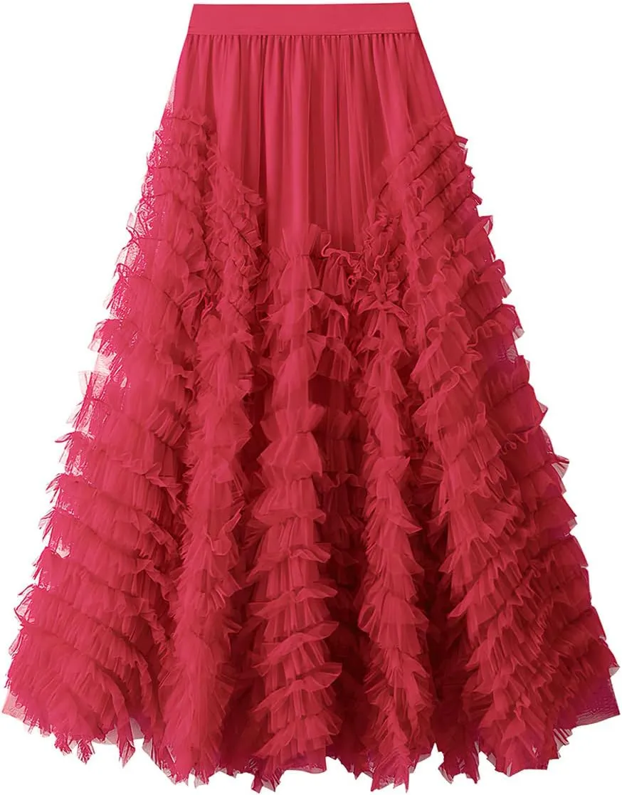 ebossy Women's Tiered Ruffles Tutu Tulle Puffy Skirt Elastic High Waist A-line Flowy Mid Long Skirt