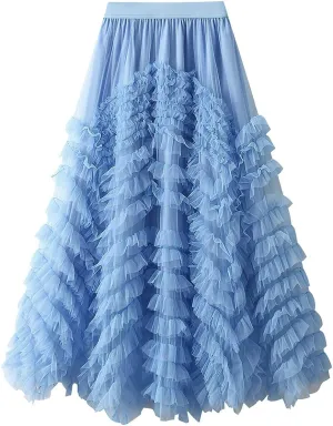 ebossy Women's Tiered Ruffles Tutu Tulle Puffy Skirt Elastic High Waist A-line Flowy Mid Long Skirt