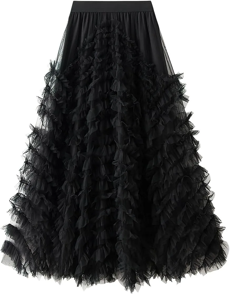ebossy Women's Tiered Ruffles Tutu Tulle Puffy Skirt Elastic High Waist A-line Flowy Mid Long Skirt